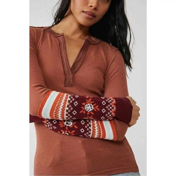 NWT Free People Mikah Layering Cuff Long Sleeve Thermal Autumn Combo - Picture 6 of 9